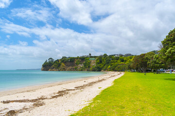 Panoramic View of Eastern Beach, Auckland New Zealand during High Tide Time