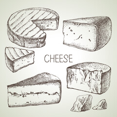 Hand drawn sketch cheese types set. Vector illustration of natural foods