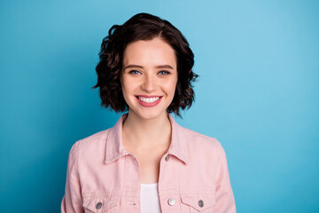 Closeup photo of attractive pretty lady groomed short black hairdo toothy beaming smiling good mood...
