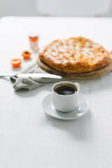 Apricot pie. Apricot pizza, delicious and sweet. Homemade fruit pie (galette) made with fresh organic apricotes. Open pie, apricot tart. Fruit bakery. Summer pie.