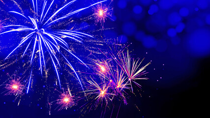FIREWORK background - Colorful festive firework and blue bokeh in summer party / festival / silvester, in the dark night, with copy space