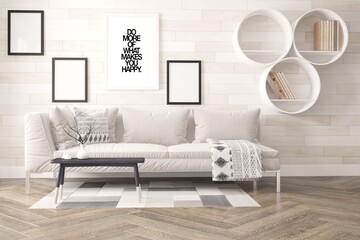 modern room with sofa, pillows,plaid,frames,shelves,table,vases interior design. 3D illustration