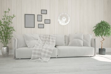 modern room with sofa,pillows,plants,frames and clock interior design. 3D illustration