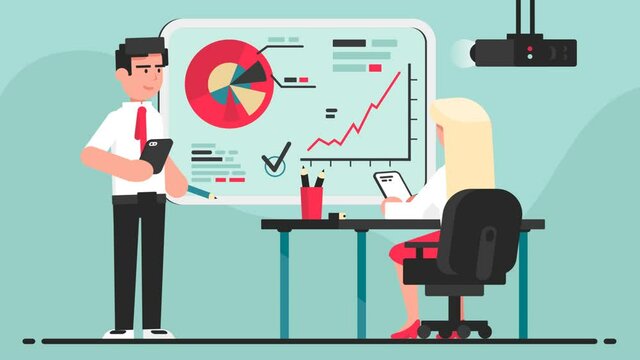 Training, presentation, business concept. Businesswoman sits on chair listens man coach teacher speech report with charts and diagrams in office. Learning of financial competence accounting management