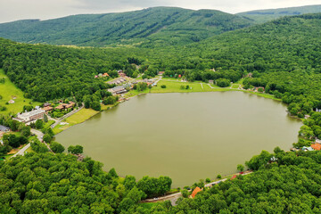 Fototapeta na wymiar Aerial view of Lake Vinne in the village of Vinne in Slovakia