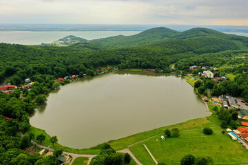 Fototapeta premium Aerial view of Lake Vinne in the village of Vinne in Slovakia