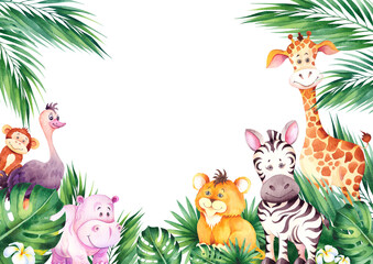 Watercolor frame with cute african cartoon animals. © JeannaDraw