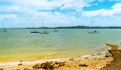 Panoramic View of Bucklands Beach, Auckland New Zealand; Cloudy Periods, High Winds, Rough Seas