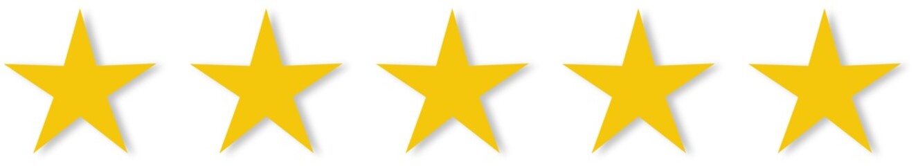 Fototapeta premium 5 gold stars quality rating icon. Five yellow star product quality rating. Golden star vector icons. Stars in modern simple with shadow