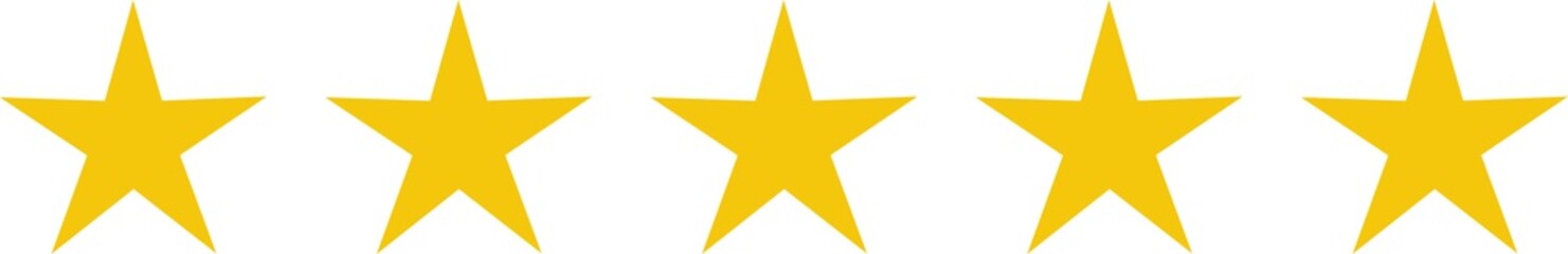 5 gold stars quality rating icon. Five yellow star product quality rating. Golden star vector icons