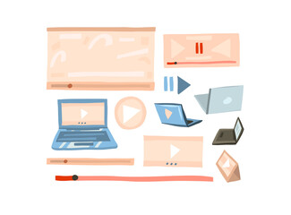 Hand drawn vector abstract stock flat graphic illustration vlog concept collection set with play video screen,laptop and tablet computer in simple collage style isolated on white background