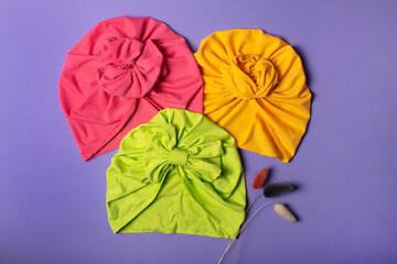 Delicate three bright turbans for women, girls or baby. Turban fashion or bandana hair accessories for the beach and travel.