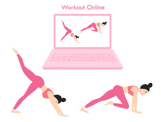 Workout online concept, woman play yoga from online exercise vector illustration 