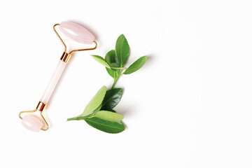 Face roller with green leaves on white background, concept of facial massage, copy space