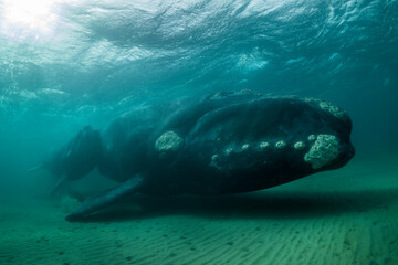 Southern Right Whale, Eubalaena australis, and her calf in the shallow protected waters of the Nuevo Gulf, Valdes Peninsula, Argentina.