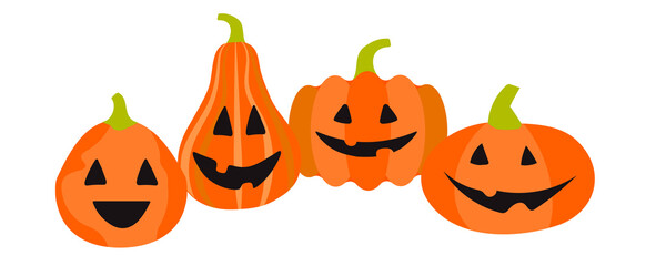Vector four funny pumpkins in flat style on a white background. Horizontal banner, background for social network, advertising. The halloween symbol is bright red.