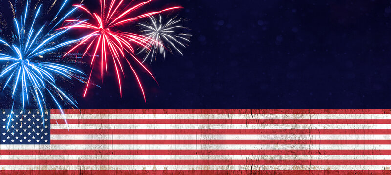 America background panorama - Banner of the flag from united states and stars and red, White, blue festive firework, isolated on dark blue rustic texture, with space for text