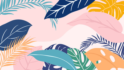 Fototapeta na wymiar Abstract background vector with tropical leaves and floral line arts. Creative pattern with hand drawn shapes. Design background for social media post, cover, print and wallpaper