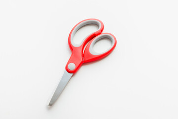 stationery scissors, scissors with red handle, scissors on a white background