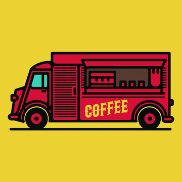 One thin line, flat vintage retro coffee truck, vector illustration, street food