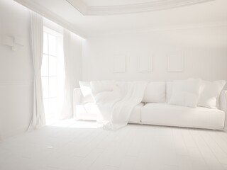 modern white room with sofa,pillows,plaid,lamp interior design. 3D illustration