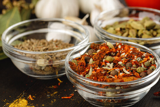 Green Spice In Glass Bowl Close Up On Kitchen Table