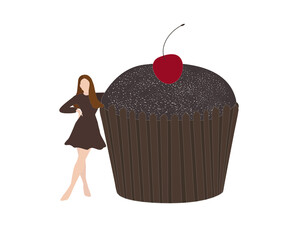 Girl hugs a muffin. Vector illustration