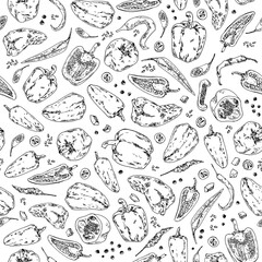 Hand drawn sketch style pepper seamless. Bell pepper, chilli, peppercorn, cayenne pepper, chopped pepper. Vector background. 