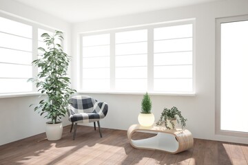 modern room with armchair,table,plants and lamp interior design. 3D illustration