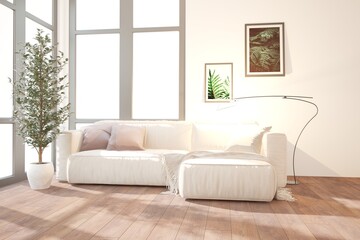 modern room with sofa,pictures,lamp and plants interior design. 3D illustration