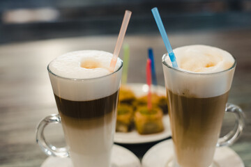 a glass of coffee, coffee latte in a cafe