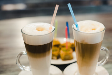 a glass of coffee, coffee latte in a cafe