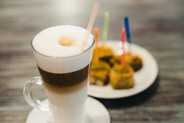 a glass of coffee, coffee latte in a cafe