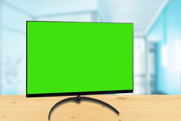 4k computer monitor with LCD flat screen, TV mockup, green blank HD monitor mockup, modern video...