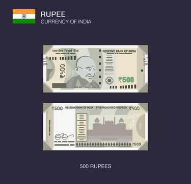 Currency of India. Flat vector illustration of indian five hundred rupees.	
