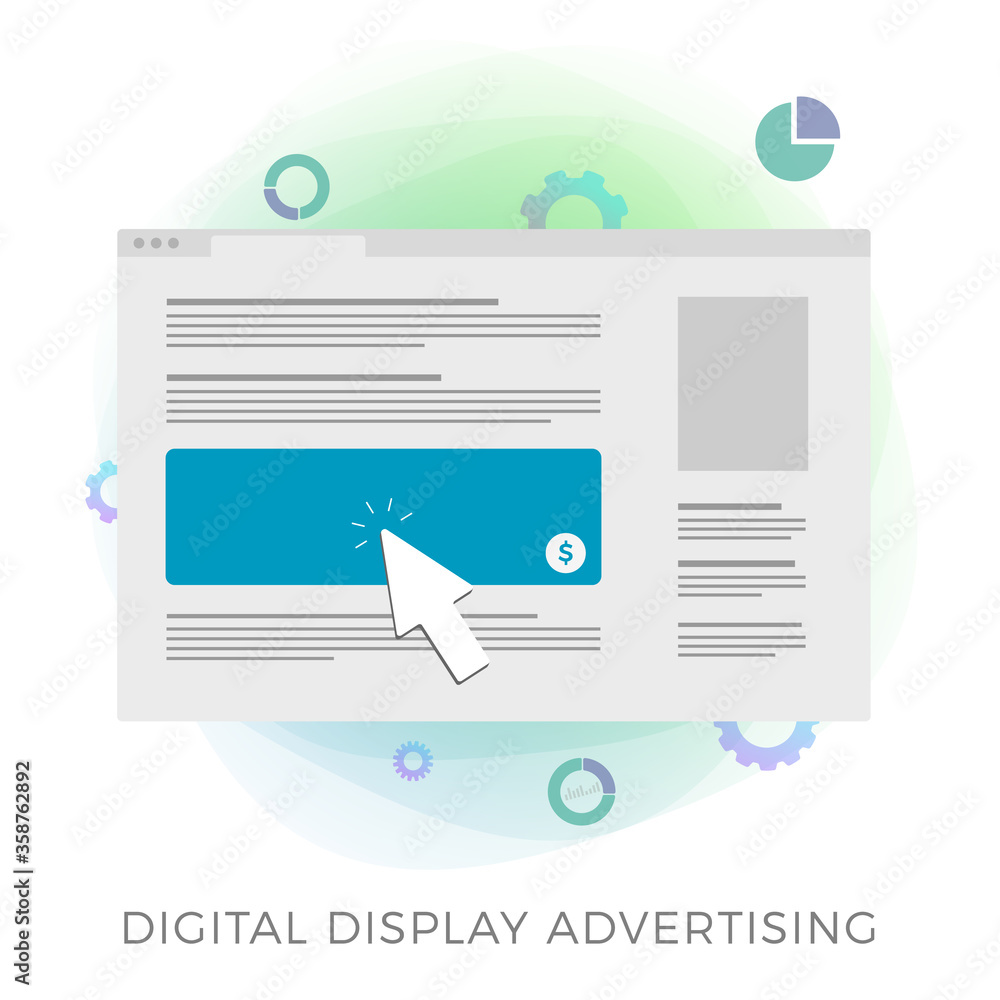 Aufkleber digital display advertising flat vector icon concept. a laptop screen with online internet web page 