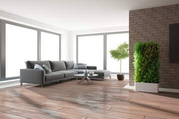 modern room with sofa,pillows,table,vases and plants interior design. 3D illustration