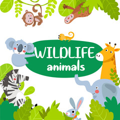 Fototapeta na wymiar Wildlife animals. Animals of the jungle, frame. African Animals Frame. White background.