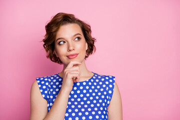 Close-up portrait of her she nice attractive lovely pretty cute curious minded brown-haired girl creating new strategy plan thought isolated over pink pastel color background