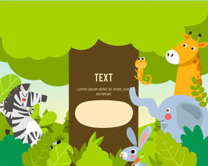 Template Poster with zoo animals. Cute jungle animals cartoon illustration.