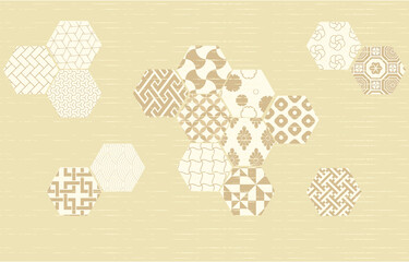 年賀状：淡い色合いで伝統的な和柄を八角形に並べたベクターイラスト