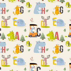 Seamless pattern with various cute and funny cartoon zoo animals on background elephant, giraffe, cat, deer, iguana, hippopotamus. Colorful vector illustration for fabric print, 