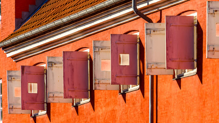 Windows on the red building in Kastellet, Copenhagen, Denmark, is one of the star fortresses in Northern Europe