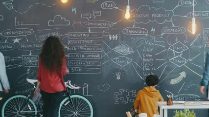 Time lapse of creative youth coworkers writing and drawing on black chalkboard indoors in open space office room. Project, creativity and workplace concept.