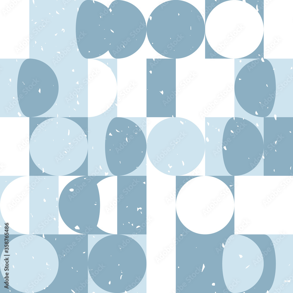 Poster Modern vector abstract seamless geometric pattern with semicircles, squares and circles in retro scandinavian style. Pastel colors shapes with worn out texture on white background.
