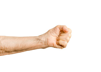 Old lady arm. Elderly woman fist isolated on white background