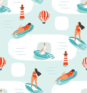 Hand drawn vector cartoon drawing summer time fun seamless pattern illustration with riding dogs and girls on surfboard isolated on blue background.