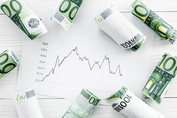 Stock market chart with euro banknote top view