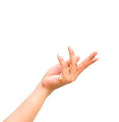  a hand holding something like a bottle or smartphone on white backgrounds, isolated