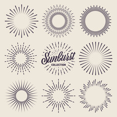 Vintage sunburst collection. Bursting sun rays. Fireworks. Logotype or lettering design element. Radial sunset beams. Vector illustration.